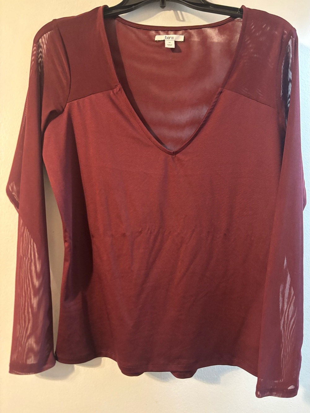 Bar III Burgundy Sheer-Panel V-Neck Long Sleeve Top NWOT